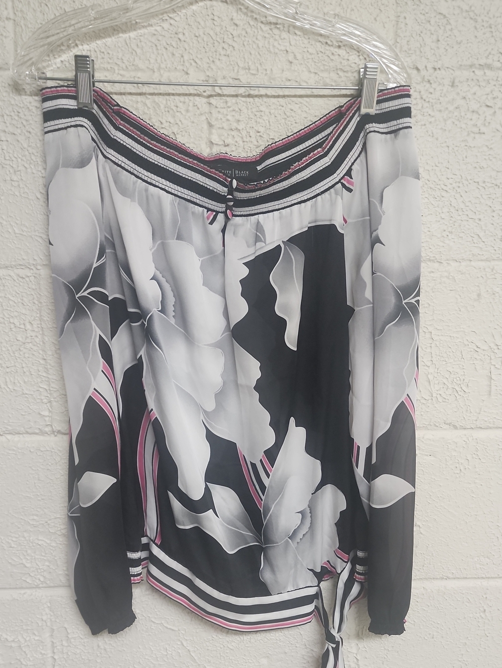 White House Black Market Black, White & Pink Floral Off-Shoulder Tie-Hem Top